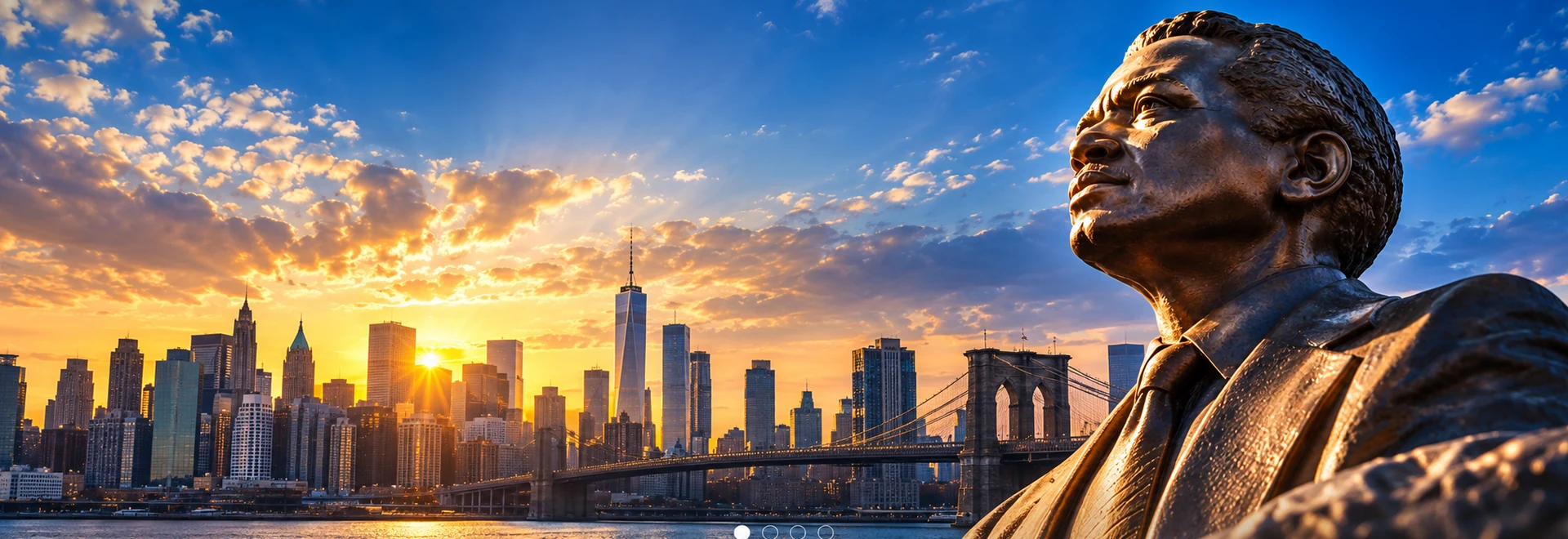 Bronze commemorative statue overlooking the New York City skyline and Brooklyn Bridge at sunset