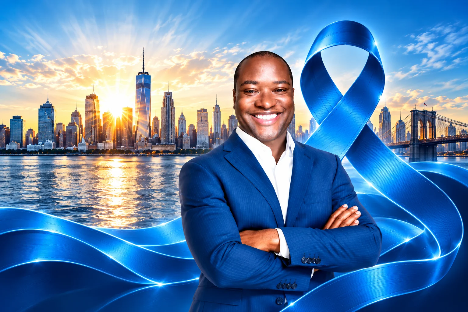 Prostate cancer awareness advocate with blue ribbon and New York City skyline
